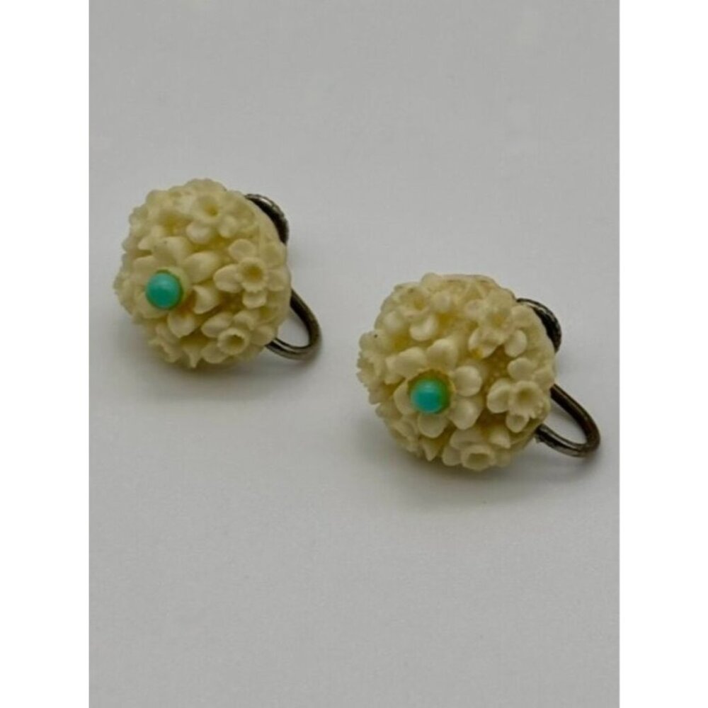 Vintage Earrings Carved Lucite/Resin Flowers Faux Turquoise Screw-Back, Unsigned